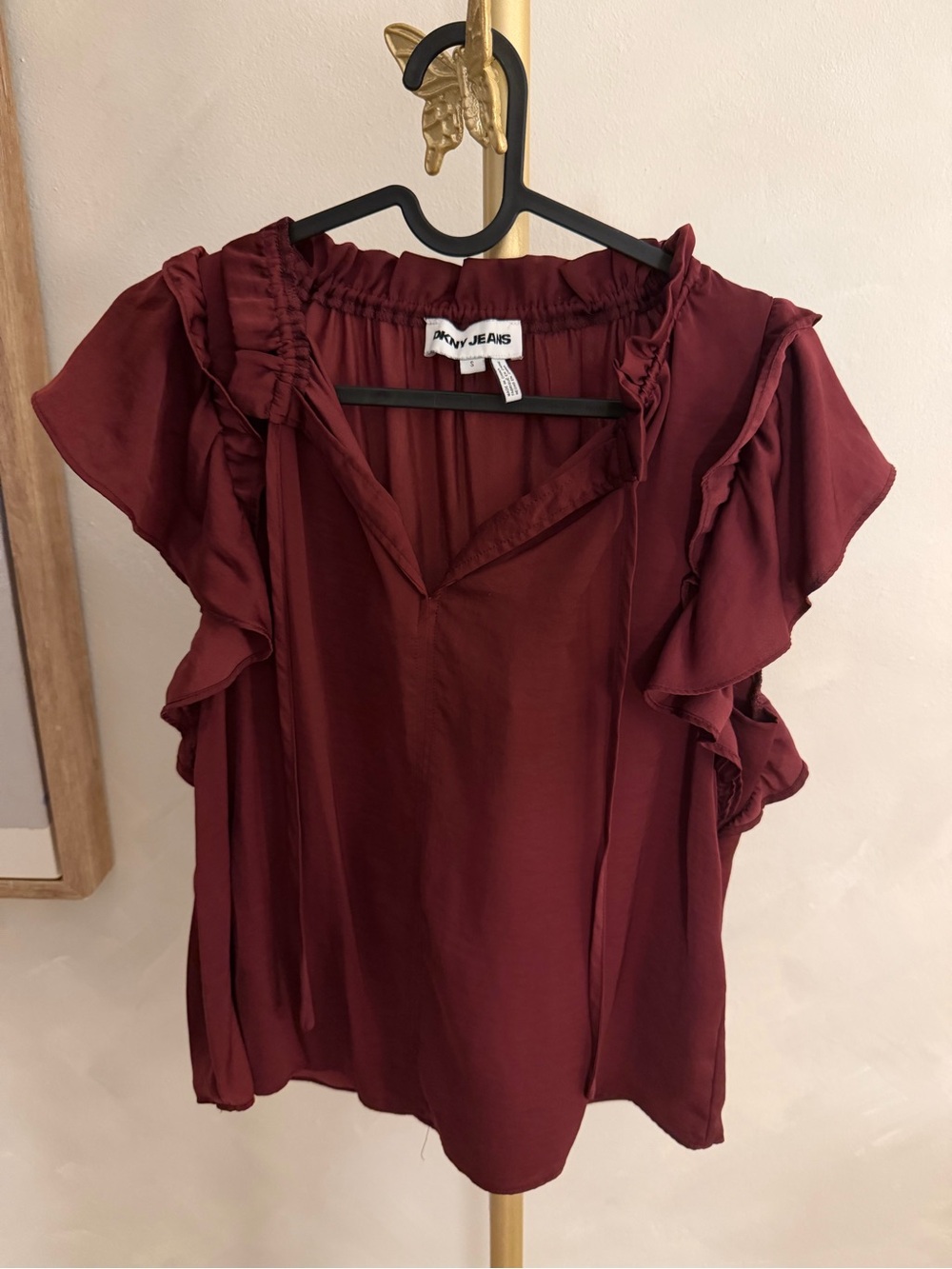 DKNY Burgundy Ruffle Sleeve V-Neck Blouse